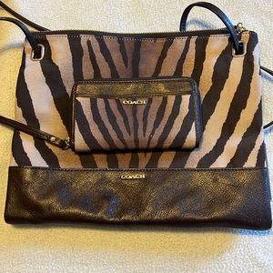 Coach tiger striped crossbody in brown with matching wristlet